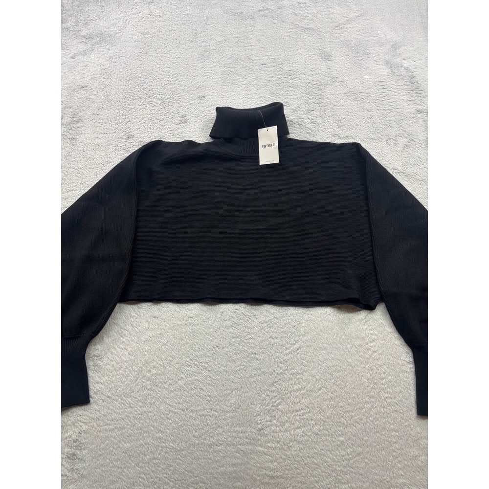 Forever 21 Womens Size Large Black Ribbed Knit Extra Cropped Turtleneck Sweater